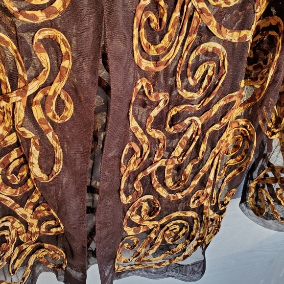 Chico's Brown Sheer Mesh Summer Cardigan w/Sewn-on Animal Print Leopard Swirls - Picture 14 of 16